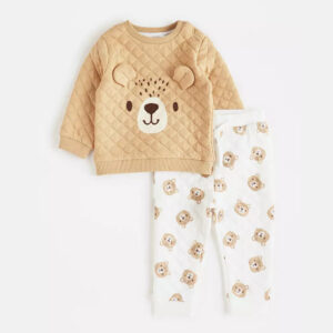 Bear Print Quilted T-shirt & Joggers Set - Cozy Casual Outfit