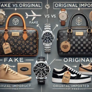 Comparison of fake vs. original imported products with key differences highlighted.
