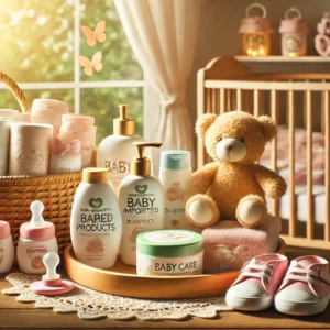 A selection of imported baby care products including lotions, wipes, and diapers