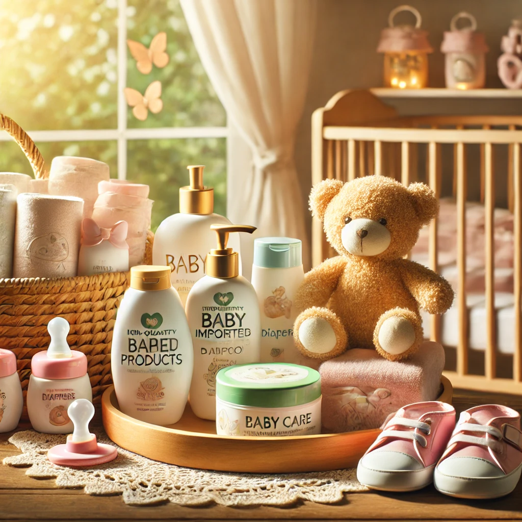 A selection of imported baby care products including lotions, wipes, and diapers