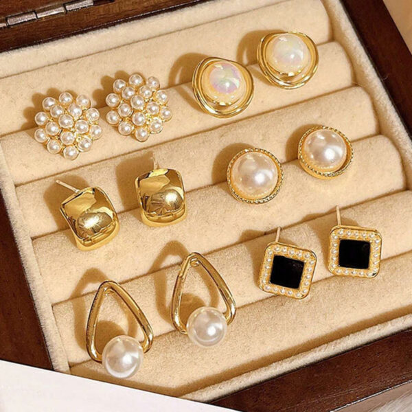 6pcs Faux Pearl Flower & Geometric Earring Set for Women – Vintage Style Jewelry